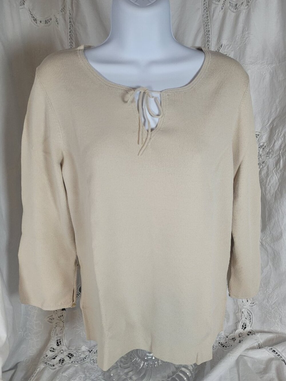 Womens L Beige Pullover Top 3/4 Sleeve Rayon Blend Business Casual Ann Taylor